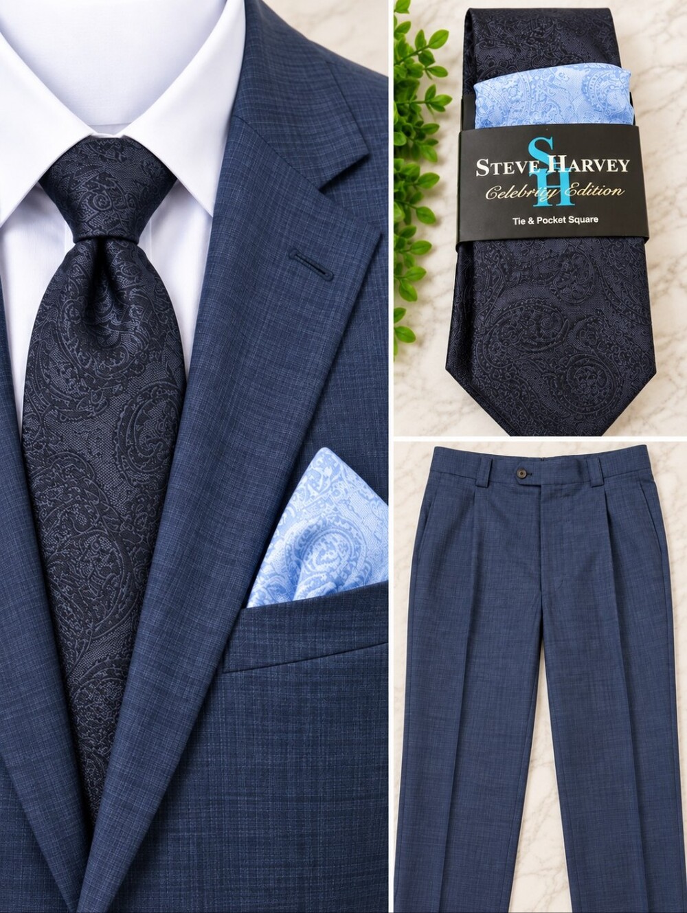 Steve Harvey Dress Pants 46x32 Blue Flat Front Career Slacks Mens